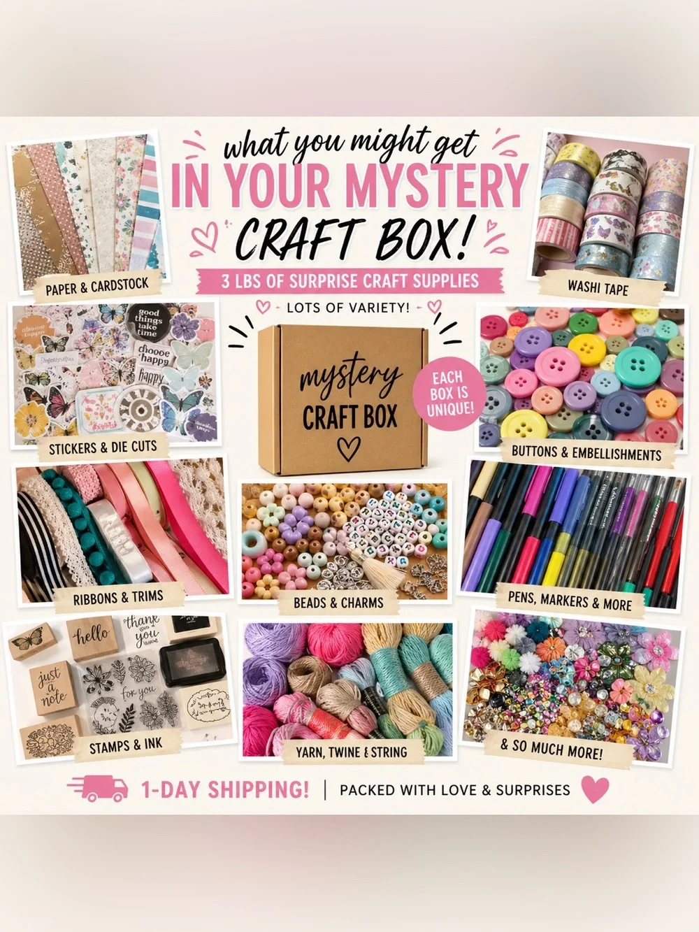 3lb Mystery Craft Box DIY Supplies Bundle Beads Stickers Paint Scrapbook & More!